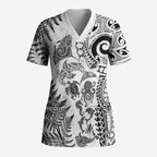 New Zealand Sea Animals Scrub Top with Maori Koru Tribal Tattoo and Silver Ferns White Color