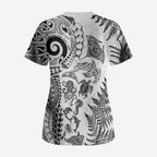 New Zealand Sea Animals Scrub Top with Maori Koru Tribal Tattoo and Silver Ferns White Color