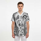 New Zealand Sea Animals Scrub Top with Maori Koru Tribal Tattoo and Silver Ferns White Color