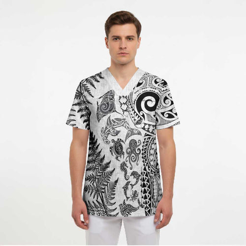 New Zealand Sea Animals Scrub Top with Maori Koru Tribal Tattoo and Silver Ferns White Color