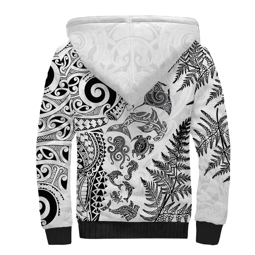 New Zealand Sea Animals Sherpa Hoodie with Maori Koru Tribal Tattoo and Silver Ferns White Color
