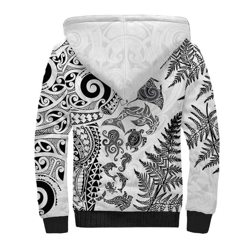 New Zealand Sea Animals Sherpa Hoodie with Maori Koru Tribal Tattoo and Silver Ferns White Color