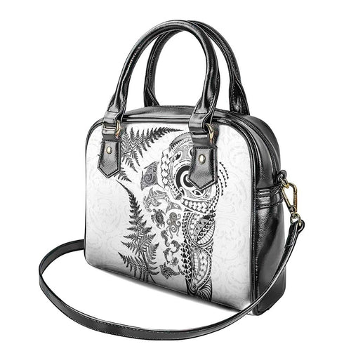 New Zealand Sea Animals Shoulder Handbag with Maori Koru Tribal Tattoo and Silver Ferns White Color