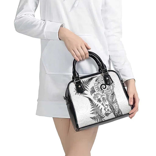 New Zealand Sea Animals Shoulder Handbag with Maori Koru Tribal Tattoo and Silver Ferns White Color