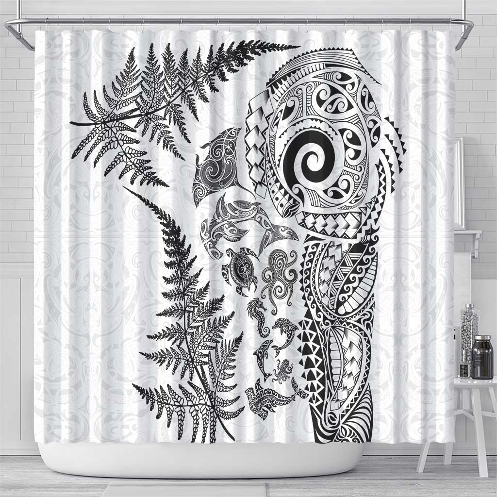 New Zealand Sea Animals Shower Curtain with Maori Koru Tribal Tattoo and Silver Ferns White Color