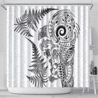 New Zealand Sea Animals Shower Curtain with Maori Koru Tribal Tattoo and Silver Ferns White Color