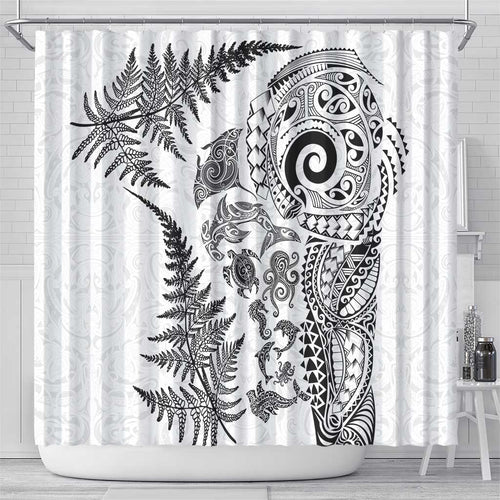 New Zealand Sea Animals Shower Curtain with Maori Koru Tribal Tattoo and Silver Ferns White Color