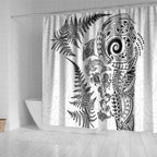 New Zealand Sea Animals Shower Curtain with Maori Koru Tribal Tattoo and Silver Ferns White Color