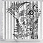 New Zealand Sea Animals Shower Curtain with Maori Koru Tribal Tattoo and Silver Ferns White Color