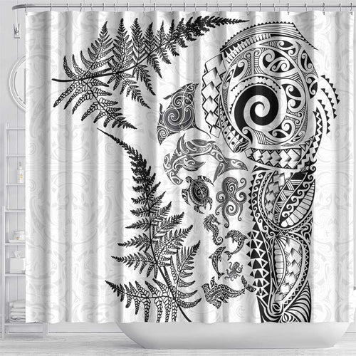 New Zealand Sea Animals Shower Curtain with Maori Koru Tribal Tattoo and Silver Ferns White Color