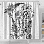 New Zealand Sea Animals Shower Curtain with Maori Koru Tribal Tattoo and Silver Ferns White Color
