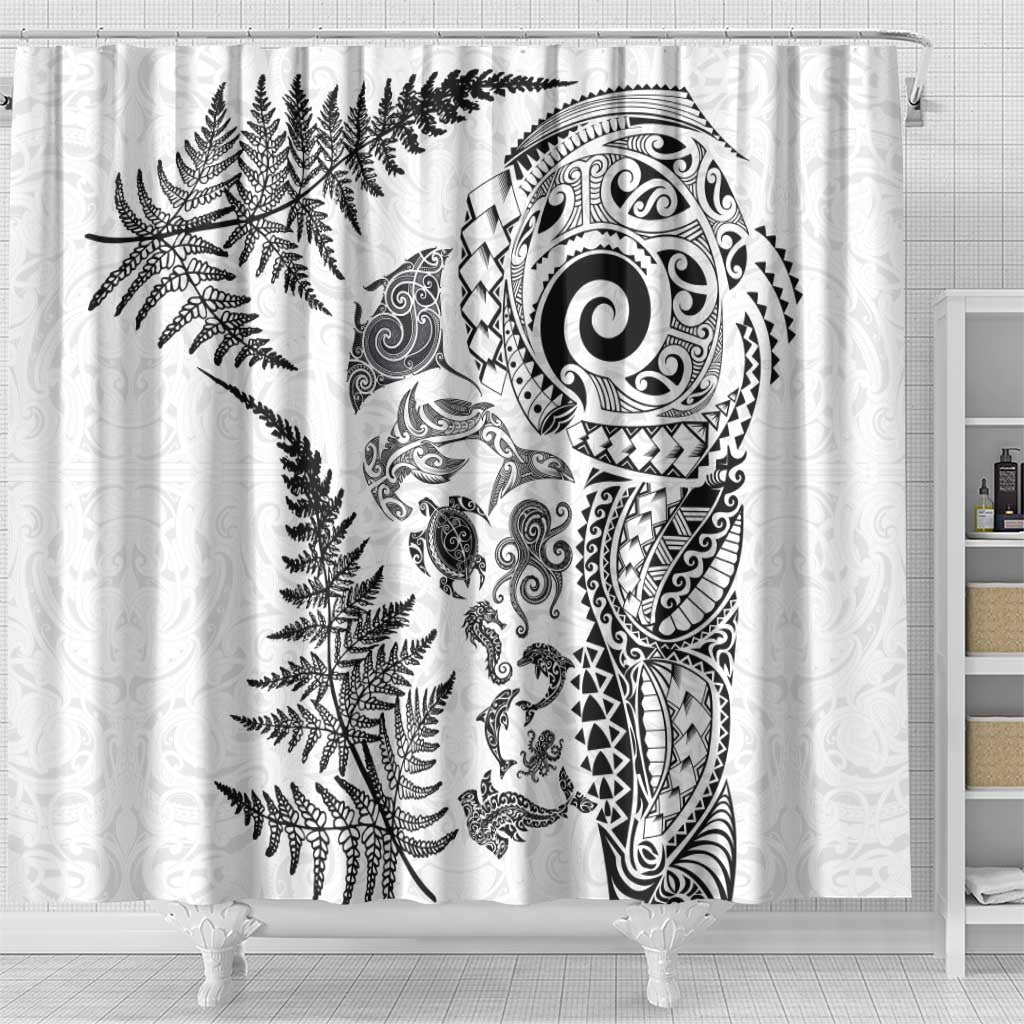 New Zealand Sea Animals Shower Curtain with Maori Koru Tribal Tattoo and Silver Ferns White Color