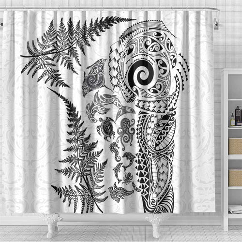 New Zealand Sea Animals Shower Curtain with Maori Koru Tribal Tattoo and Silver Ferns White Color