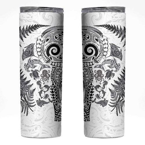 New Zealand Sea Animals Skinny Tumbler with Maori Koru Tribal Tattoo and Silver Ferns White Color