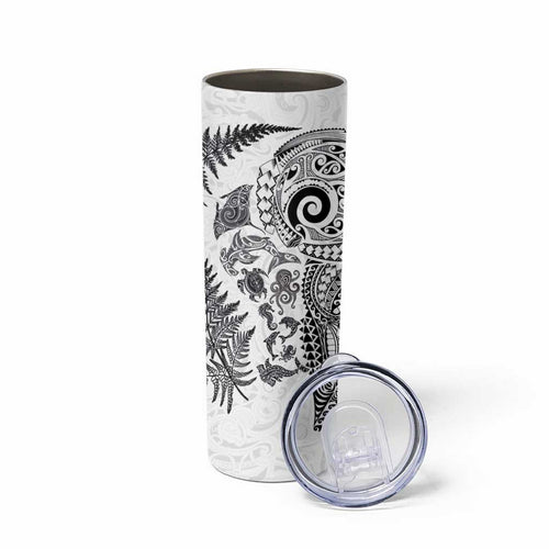 New Zealand Sea Animals Skinny Tumbler with Maori Koru Tribal Tattoo and Silver Ferns White Color