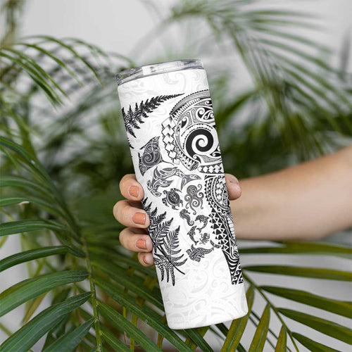 New Zealand Sea Animals Skinny Tumbler with Maori Koru Tribal Tattoo and Silver Ferns White Color
