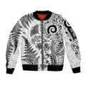 New Zealand Sea Animals Sleeve Zip Bomber Jacket with Maori Koru Tribal Tattoo and Silver Ferns White Color