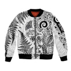 New Zealand Sea Animals Sleeve Zip Bomber Jacket with Maori Koru Tribal Tattoo and Silver Ferns White Color