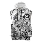 New Zealand Sea Animals Sleeveless Hoodie with Maori Koru Tribal Tattoo and Silver Ferns White Color