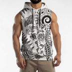 New Zealand Sea Animals Sleeveless Hoodie with Maori Koru Tribal Tattoo and Silver Ferns White Color