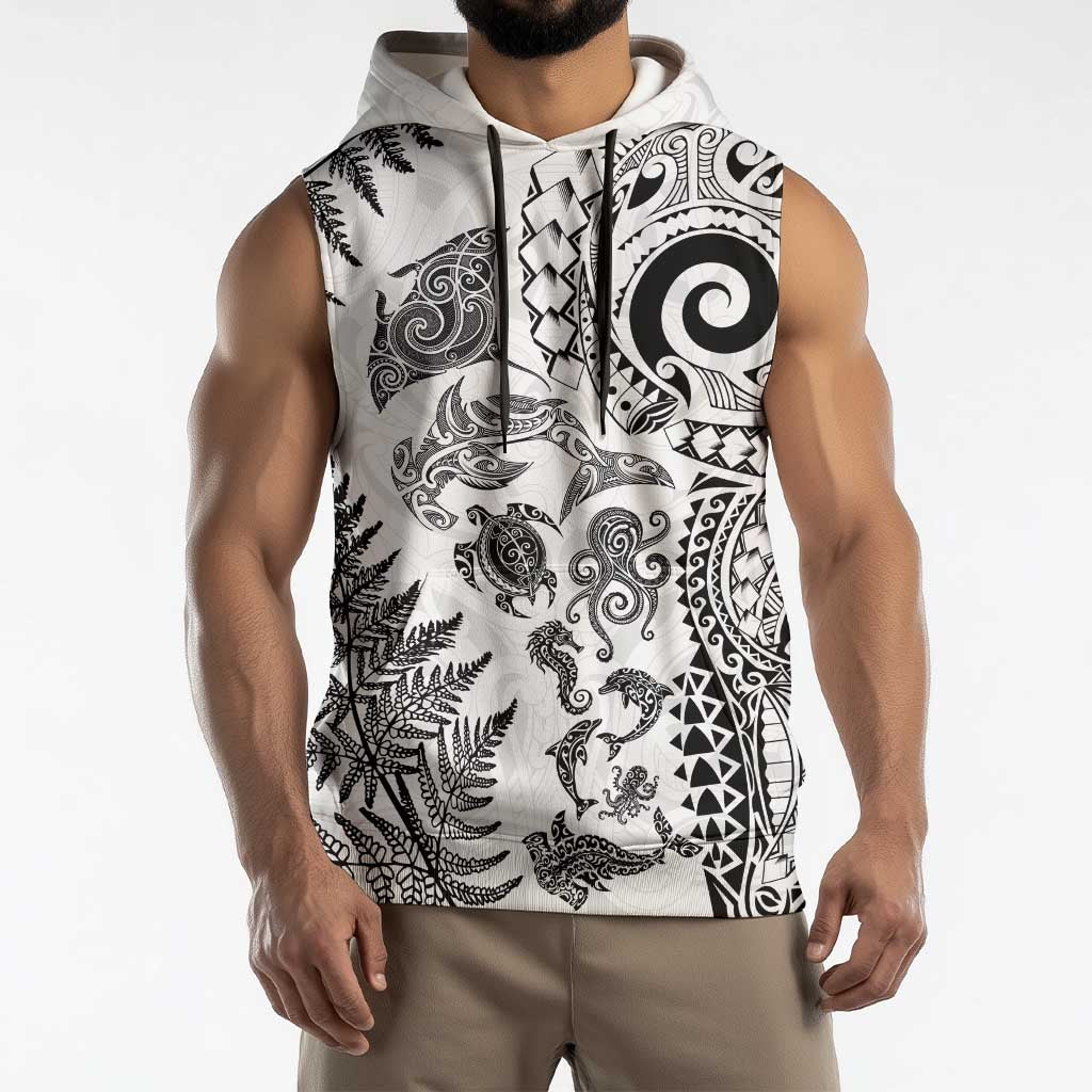 New Zealand Sea Animals Sleeveless Hoodie with Maori Koru Tribal Tattoo and Silver Ferns White Color