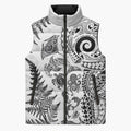 New Zealand Sea Animals Sleeveless Puffer Jacket with Maori Koru Tribal Tattoo and Silver Ferns White Color
