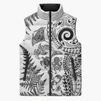 New Zealand Sea Animals Sleeveless Puffer Jacket with Maori Koru Tribal Tattoo and Silver Ferns White Color
