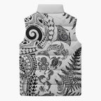 New Zealand Sea Animals Sleeveless Puffer Jacket with Maori Koru Tribal Tattoo and Silver Ferns White Color