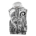 New Zealand Sea Animals Sleeveless Zip Hoodie with Maori Koru Tribal Tattoo and Silver Ferns White Color