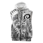 New Zealand Sea Animals Sleeveless Zip Hoodie with Maori Koru Tribal Tattoo and Silver Ferns White Color