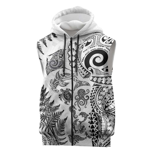 New Zealand Sea Animals Sleeveless Zip Hoodie with Maori Koru Tribal Tattoo and Silver Ferns White Color