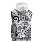New Zealand Sea Animals Sleeveless Zip Hoodie with Maori Koru Tribal Tattoo and Silver Ferns White Color