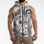 New Zealand Sea Animals Sleeveless Zip Hoodie with Maori Koru Tribal Tattoo and Silver Ferns White Color