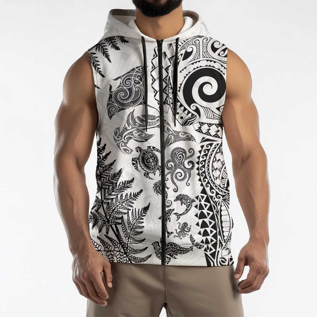 New Zealand Sea Animals Sleeveless Zip Hoodie with Maori Koru Tribal Tattoo and Silver Ferns White Color