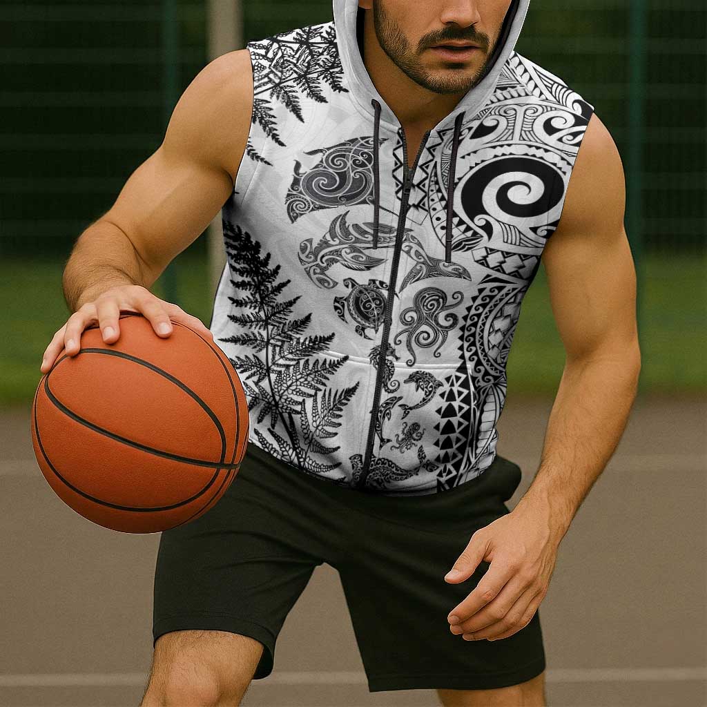 New Zealand Sea Animals Sleeveless Zip Hoodie with Maori Koru Tribal Tattoo and Silver Ferns White Color