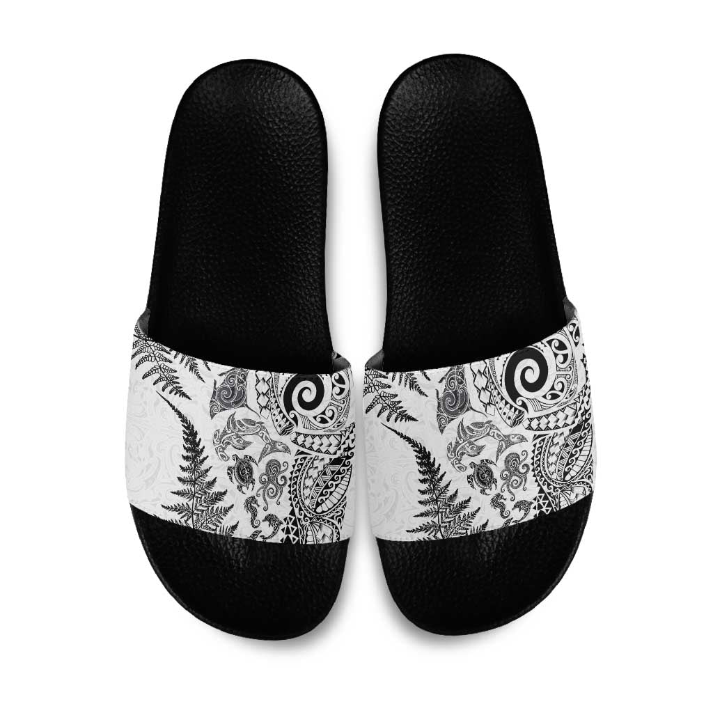 New Zealand Sea Animals Slide Sandals with Maori Koru Tribal Tattoo and Silver Ferns White Color