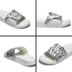 New Zealand Sea Animals Slide Sandals with Maori Koru Tribal Tattoo and Silver Ferns White Color