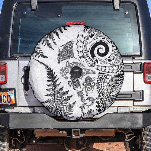 New Zealand Sea Animals Spare Tire Cover with Maori Koru Tribal Tattoo and Silver Ferns White Color