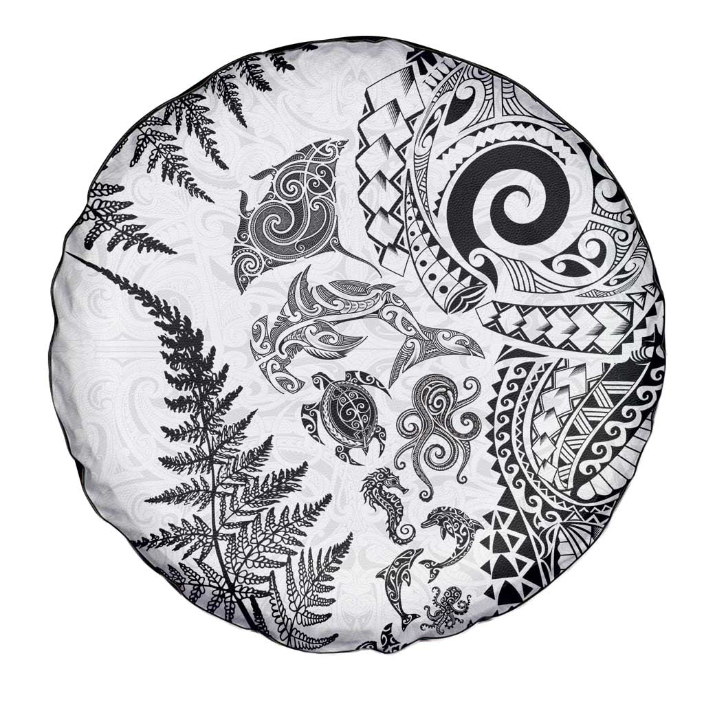 New Zealand Sea Animals Spare Tire Cover with Maori Koru Tribal Tattoo and Silver Ferns White Color