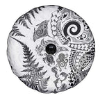 New Zealand Sea Animals Spare Tire Cover with Maori Koru Tribal Tattoo and Silver Ferns White Color