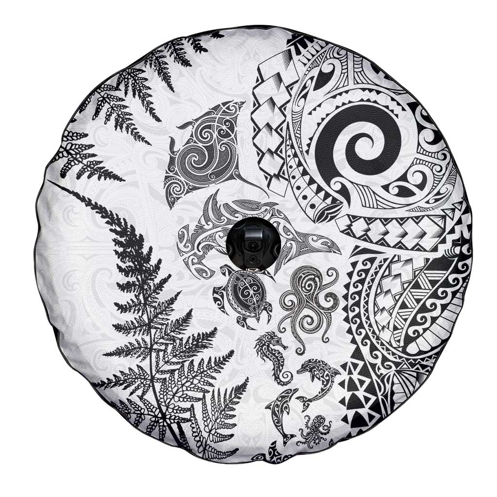 New Zealand Sea Animals Spare Tire Cover with Maori Koru Tribal Tattoo and Silver Ferns White Color