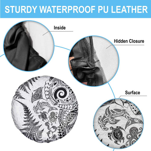 New Zealand Sea Animals Spare Tire Cover with Maori Koru Tribal Tattoo and Silver Ferns White Color