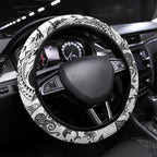 New Zealand Sea Animals Steering Wheel Cover with Maori Koru Tribal Tattoo and Silver Ferns White Color