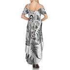 New Zealand Sea Animals Summer Maxi Dress with Maori Koru Tribal Tattoo and Silver Ferns White Color