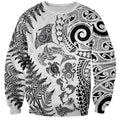 New Zealand Sea Animals Sweatshirt with Maori Koru Tribal Tattoo and Silver Ferns White Color