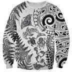 New Zealand Sea Animals Sweatshirt with Maori Koru Tribal Tattoo and Silver Ferns White Color