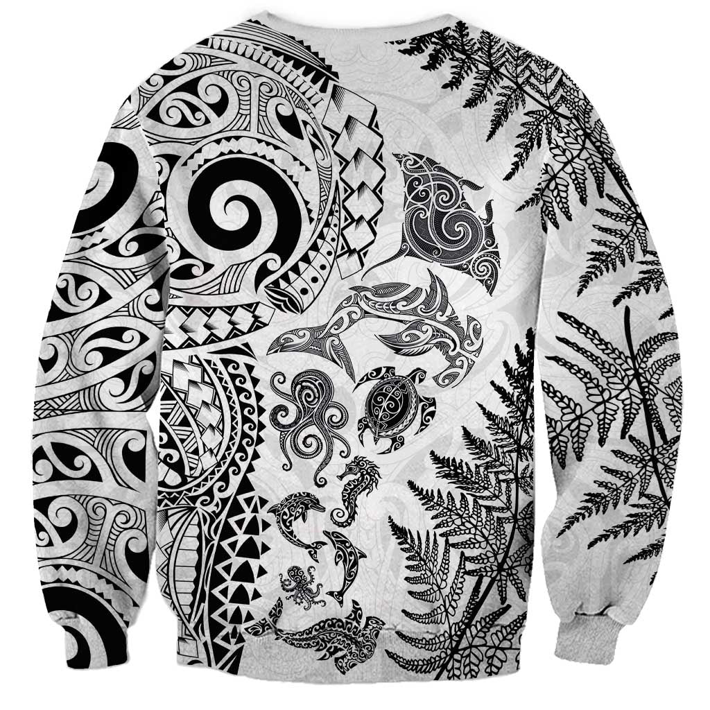 New Zealand Sea Animals Sweatshirt with Maori Koru Tribal Tattoo and Silver Ferns White Color