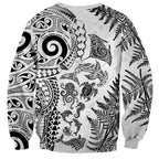 New Zealand Sea Animals Sweatshirt with Maori Koru Tribal Tattoo and Silver Ferns White Color
