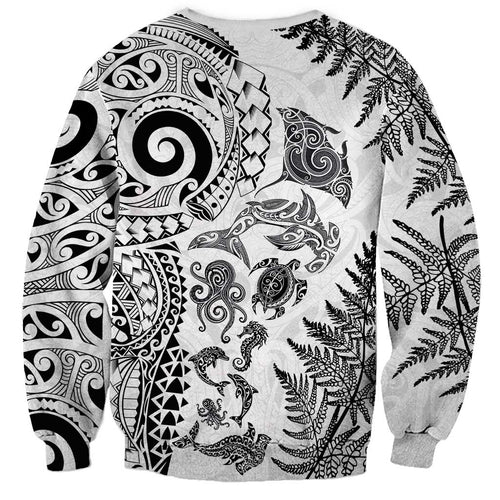 New Zealand Sea Animals Sweatshirt with Maori Koru Tribal Tattoo and Silver Ferns White Color