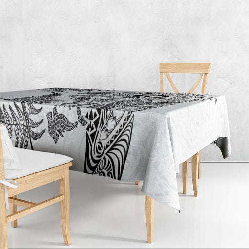 New Zealand Sea Animals Tablecloth with Maori Koru Tribal Tattoo and Silver Ferns White Color